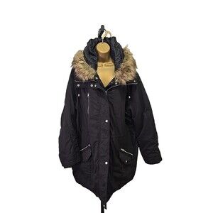 Heavy Winter Parka Faux Fur Trim Womens 2X Plus Black Pockets Quilted Lined Snow